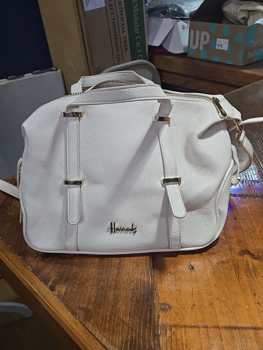Harrods Cream Pebbled Faux Leather Satchel with Gold Hardware